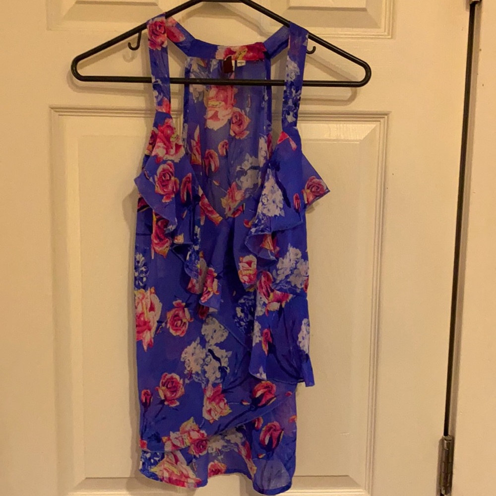Blue and pink floral top with ruffles. Size small